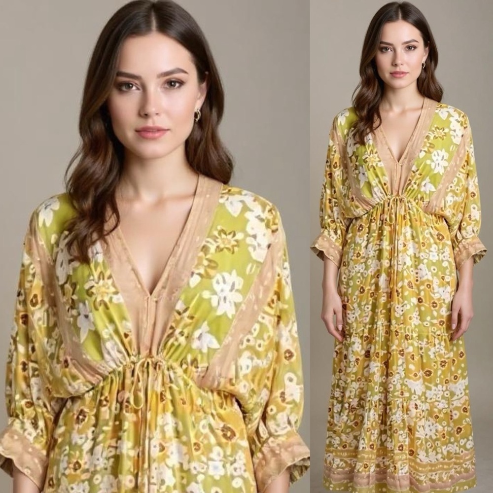 Aakaa Bohemian Floral Yellow Mixed Print Long Flowy Maxi Dress Size Small